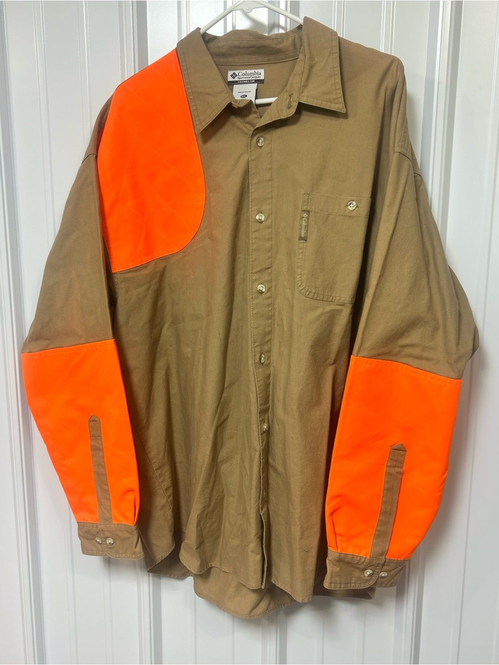 Columbia Brairshun Shooting Shirt Mens XXL Tan Khaki Orange Shoulder Patch LS